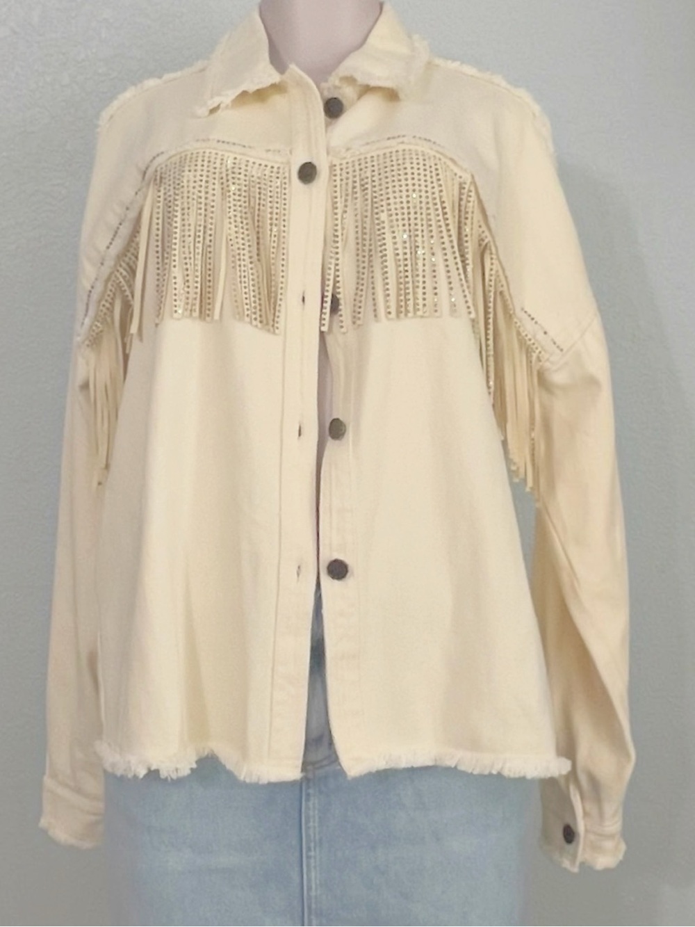 Western Rodeo Sequined Fringed Denim Jacket SZ L Off White